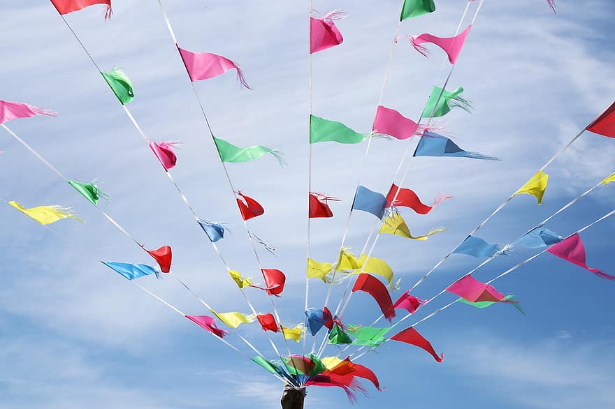 ชายธง, ธงและเสาธง, ปาร์ตี้ฤดูร้อน, พรรค, ฤดูร้อน, สระกลางแจ้ง, ทะเลสาป, หลายสี, การบิน, สีน้ำเงิน, งานเฉลิมฉลอง
