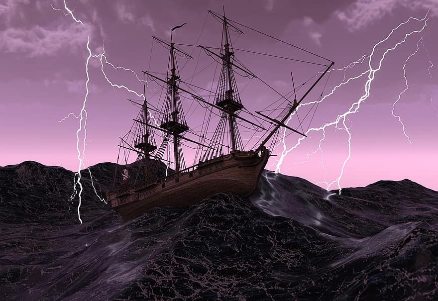 fartyg, segelfartyg, gammal, pirat skepp, pirater, framåt-, våg, naturens kraft, storm, sjö, hav