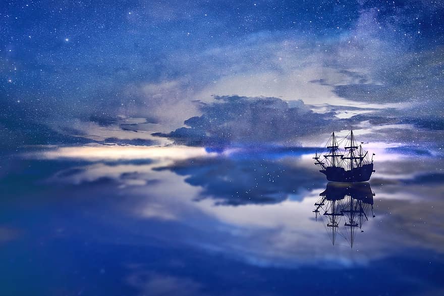 vaixell, aventura, mar, oceà, estrelles, caravella, navegar, serenitat, Via Làctea, veler, cel