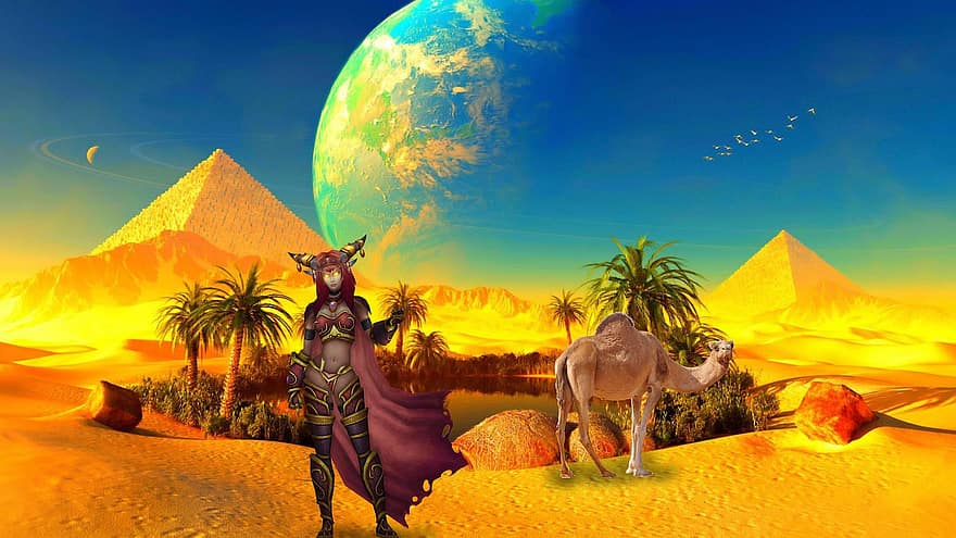 fantázia, varázsló, sivatag, nő, teve, állat, homok, piramis, föld, bolygó