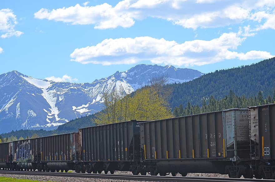 trein, berg-, hemel, wolken, motor, vervoer, vrachtvervoer, spoorlijn, Verzenden, wijze van transport, vrachtcontainer