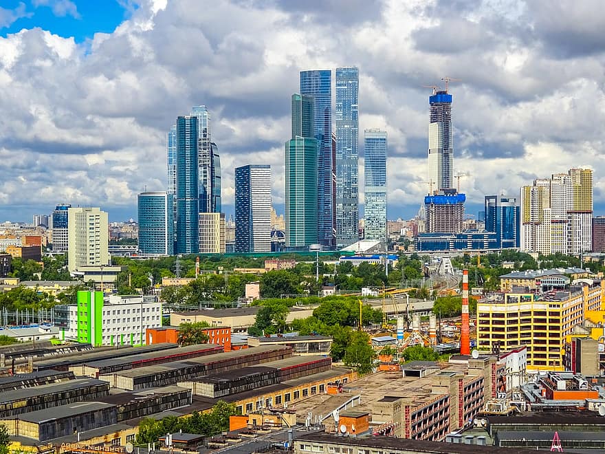 Moskwa, drapacze chmur, niebo, chmury, Rosja, Miasto, biznes, architektura, gabinet, Budynki, megalopolis