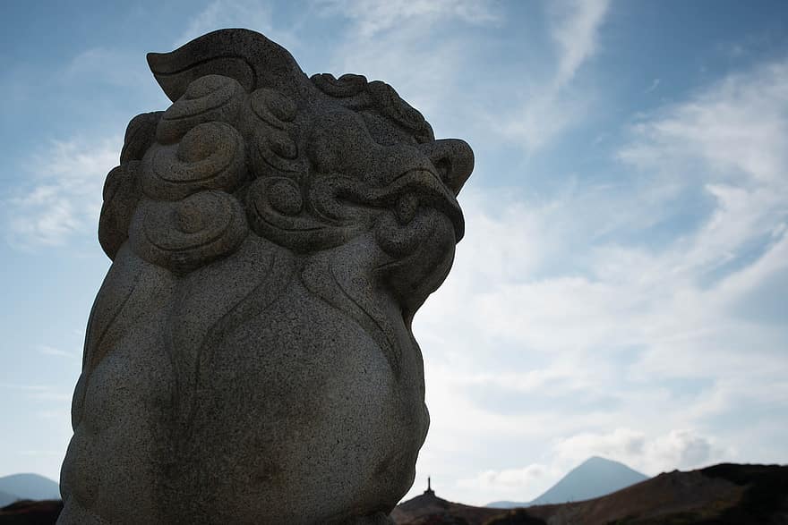 kő oroszlán, kínai oroszlán, Japán, oroszlán, kő, szobor, hajnal