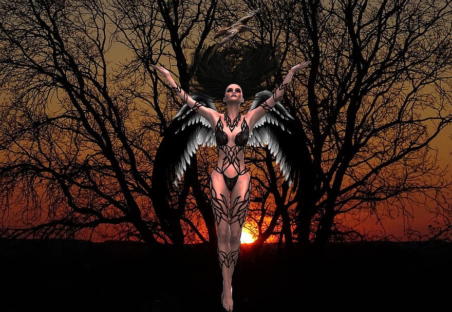 Background, Dark Angel, Tree, Sun, Fantasy, Angel, Wings, Avatar, Character, Digital Art