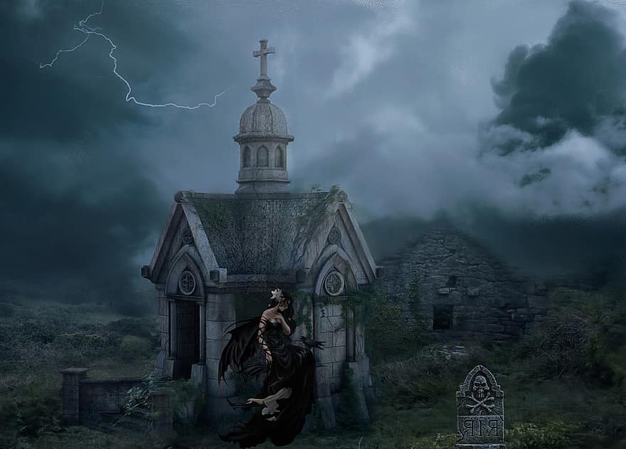 Fantasy, Grave, Dark Angel, Chapel, Woman, Cemetery, Tombstone, Graveyard, Lightning, Night, Dark