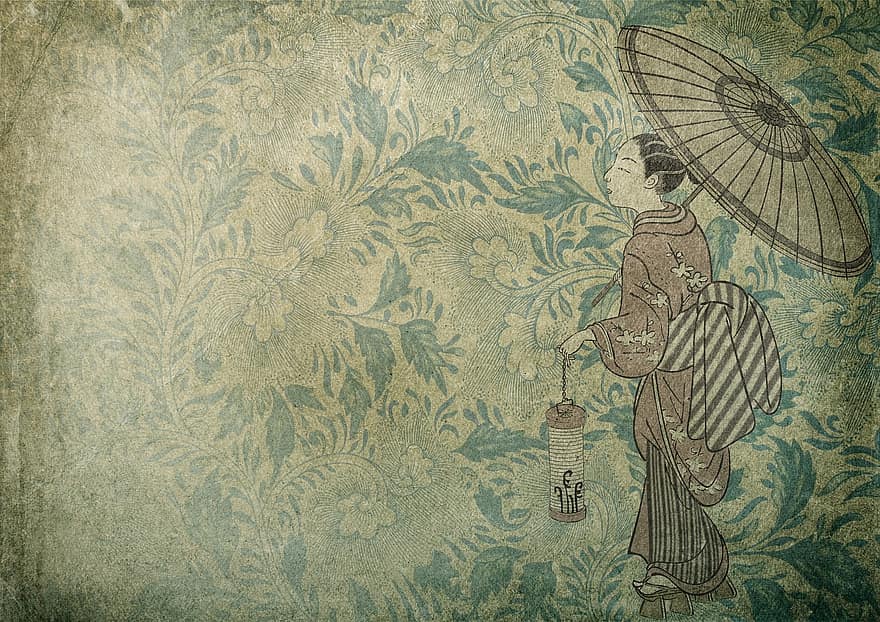 Ornamente, Mädchen, Laterne, Regenschirm, Blumen, Antiquität, 18. Jahrhundert, Asien, Chinesisch, Design, Hintergrund