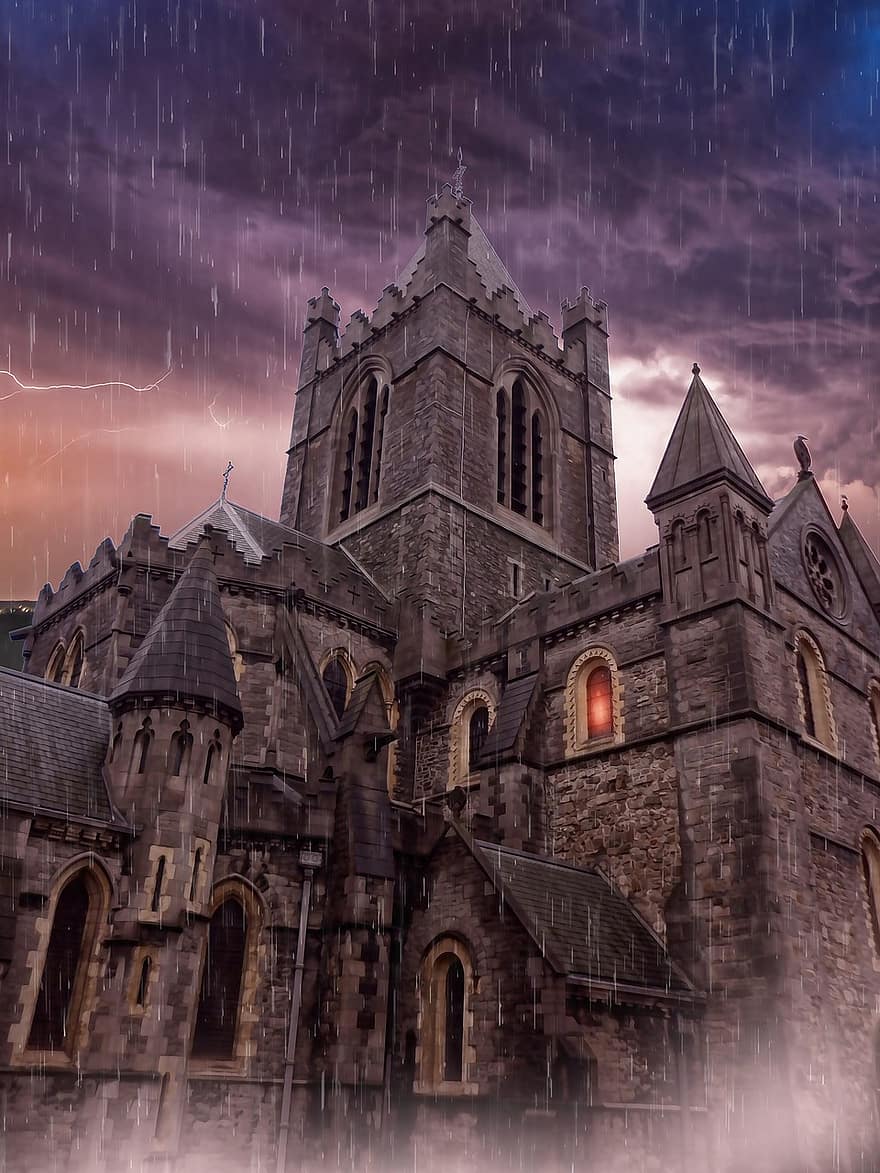 katedral, Hjemsøgt katedral, hjemsøgt hus, gotisk, mørk, fantasi, uhyggelig, skræmmende, rædsel, storm