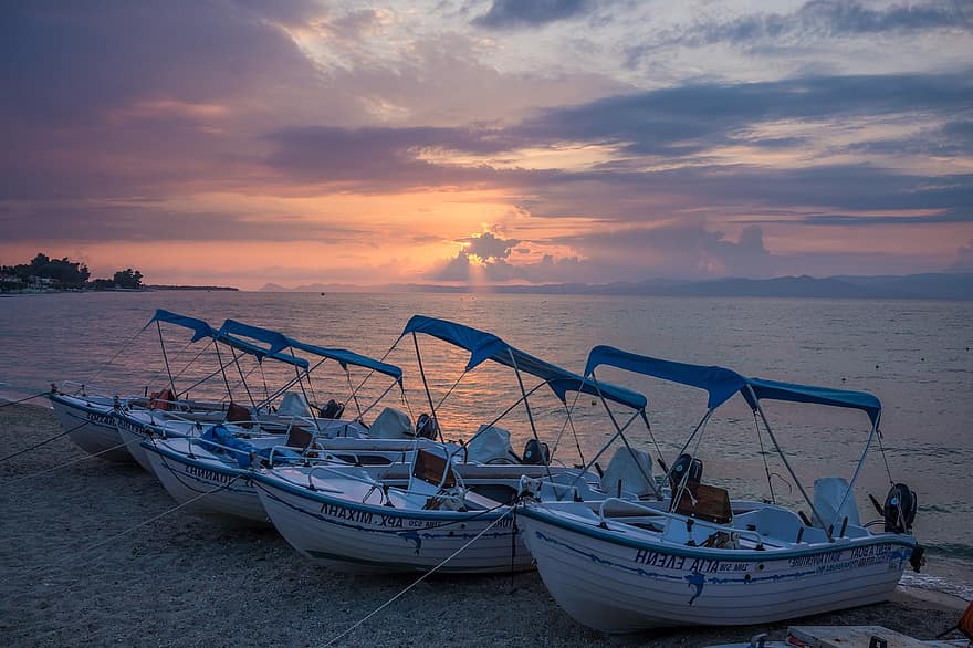 embarcacions, sortida del sol, platja, Costa, Grècia, halkidiki, al matí, aigua, mar, naturalesa