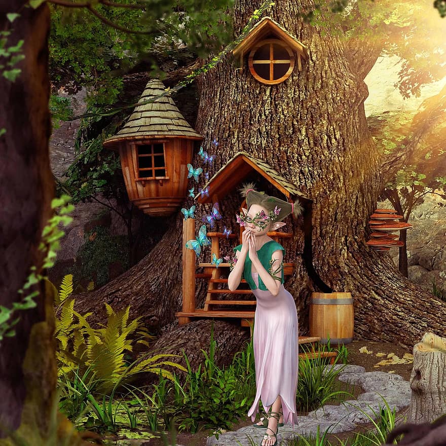 заден план, гори, къща на дърво, елф, пеперуда, фантазия, женски пол, характер, дигитално изкуство