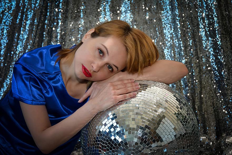 Woman, Model, Portrait, Blue Outfit, Fashion, Modeling, Pose, Posing, Disco Ball, Young Woman, Female