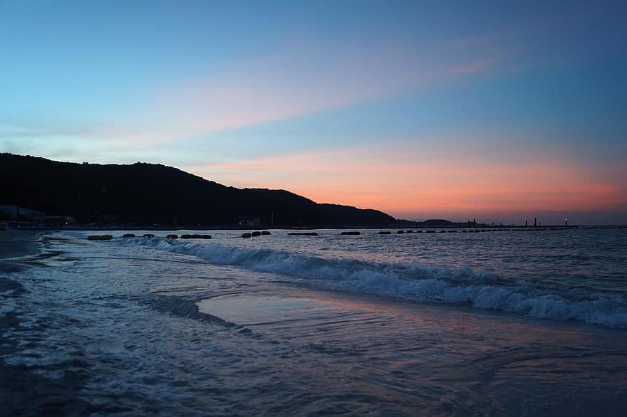 puesta de sol, mar, playa, cielo, naturaleza, noche, crepúsculo, hermoso, costa, viaje, armonía
