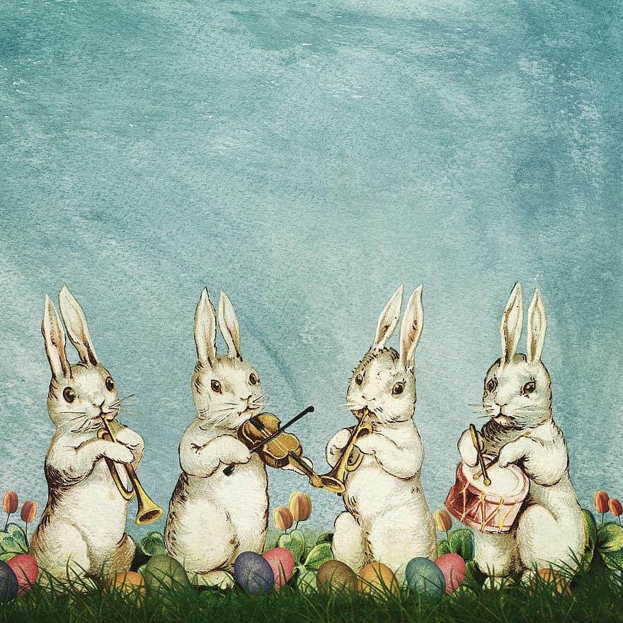 пасхальные кролики, инструменты, фон, Музыка, музыканты, музыкальные инструменты, пасхальные яйца, старый, марочный, ностальгия, традиция