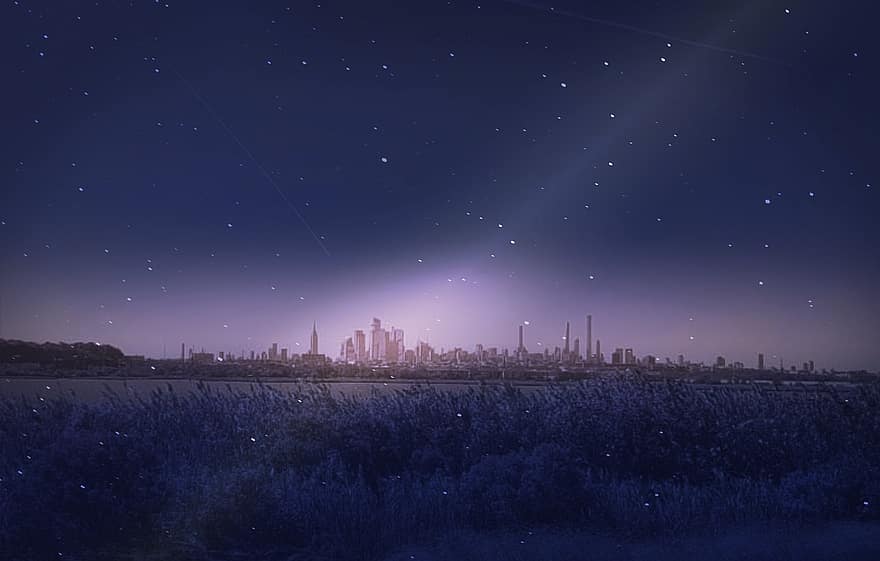 нічний, місто, фіолетовий, світіння, Нью-Йорк