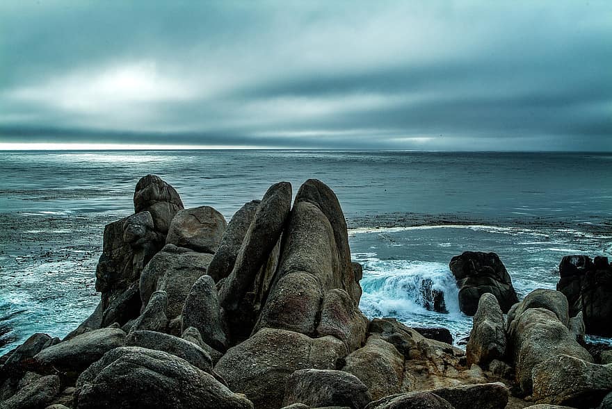 oceà, roques, posta de sol, tempesta, núvols, mar, Califòrnia, Costa