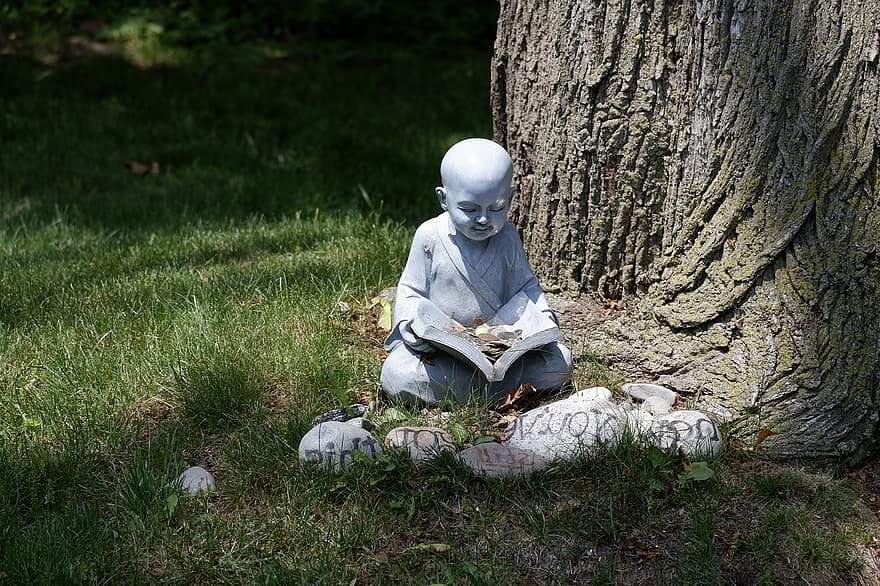 estatua, monje, leer, escultura, figura, árbol, hierba