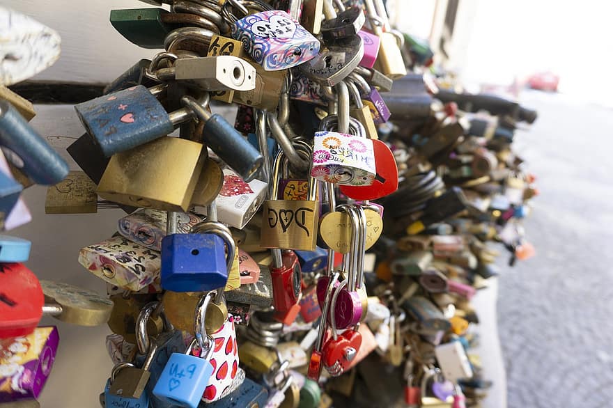 låser, bro, landemerke, mål, kjærlighet, elskere, romantisk