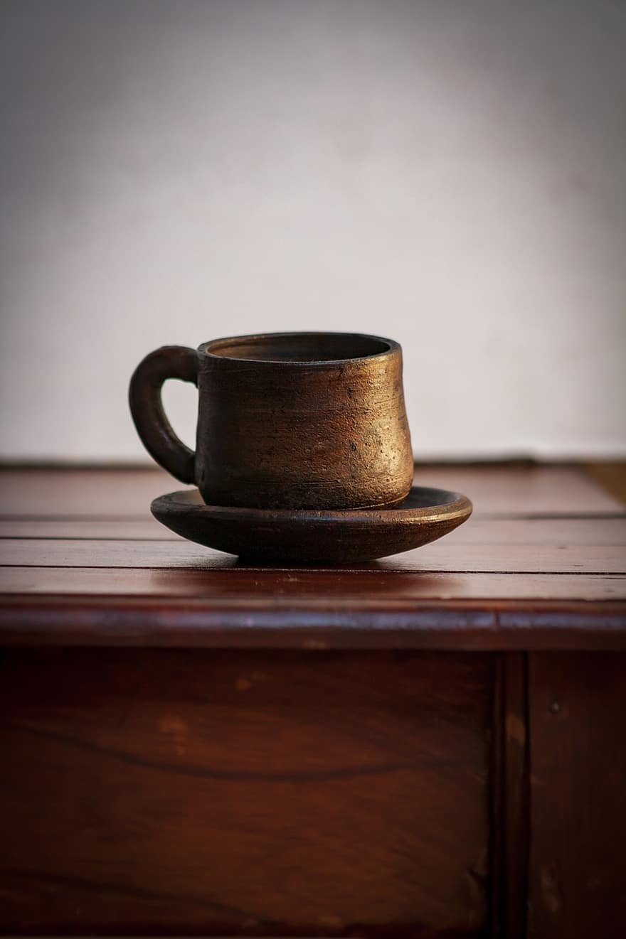 taza, café, cafeína, beber, bebida, marron, madera, rustico, clasico, arcilla, carrinho de mão