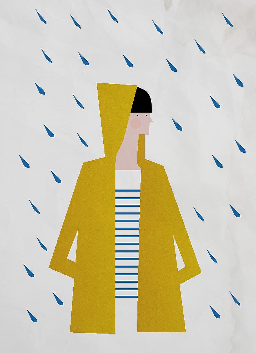 żółta kurtka, deszcz, mężczyzna, deszczowy, pada deszcz, styl, moda, chłopak, krople deszczu, rysunek