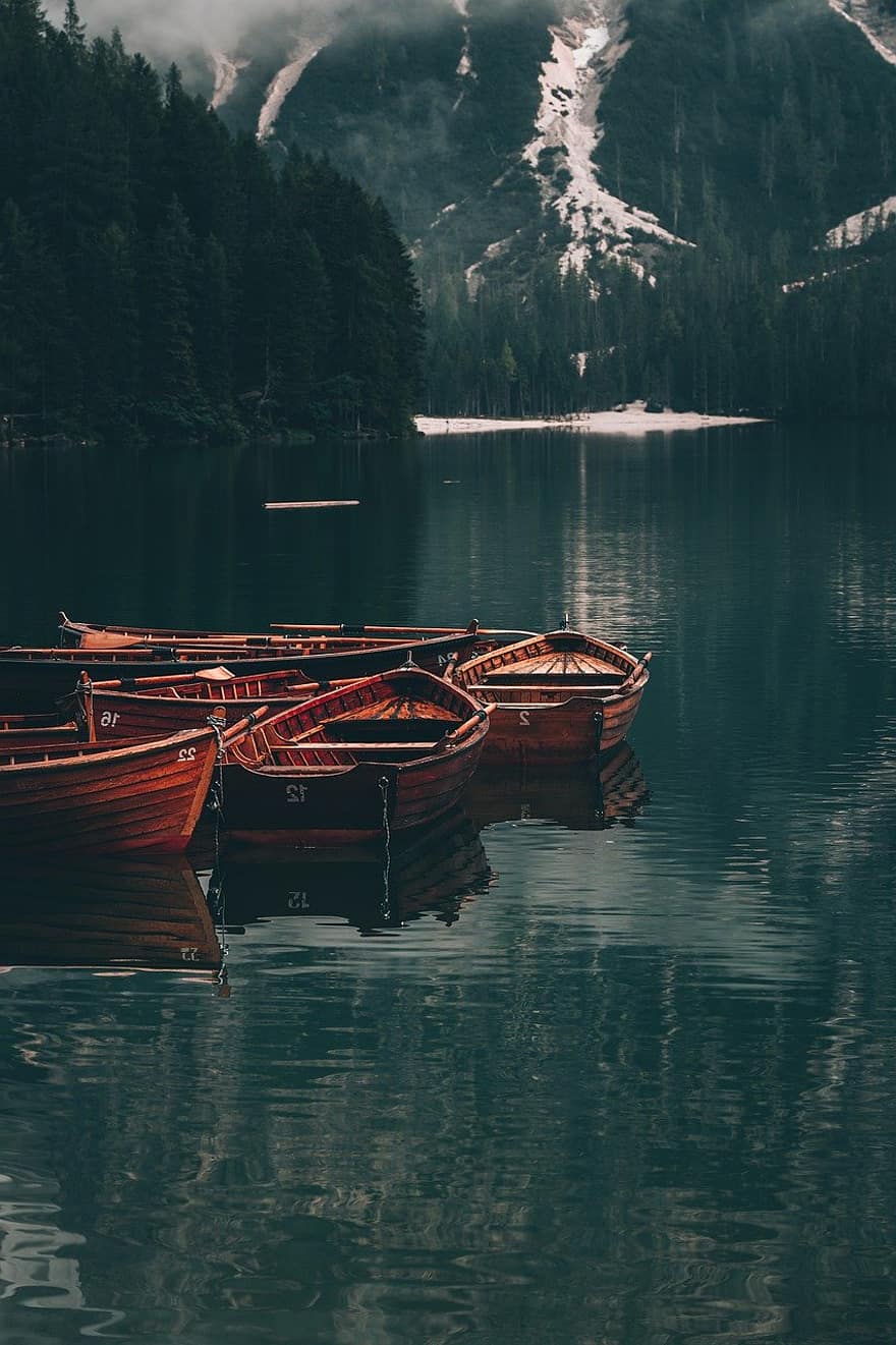 lake, boats, nature, water, nautical vessel, wood, landscape, mountain, oar, summer, forest