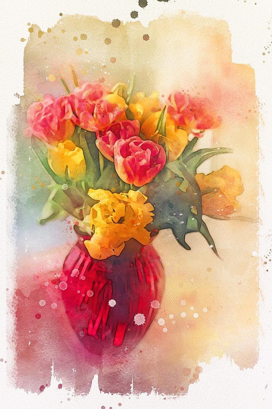 Bloom, Bouquet, Decoration, Flora, Flowers, Vase, Tulips, Red, Yellow, Plants, Digital Painting