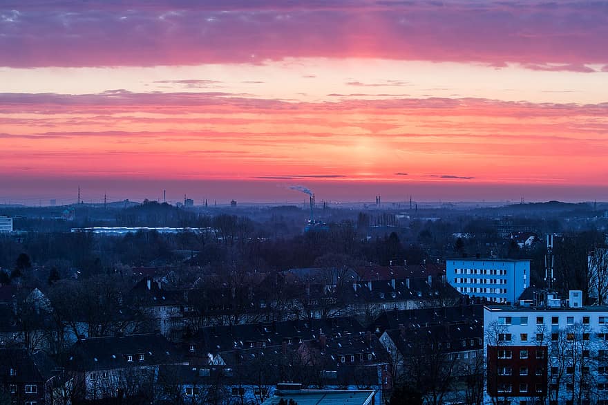 Herne, City, Sunset, Town, Big City, Smog, Ruhr Area, Night, Industry, Industrial Heritage Route, Colliery