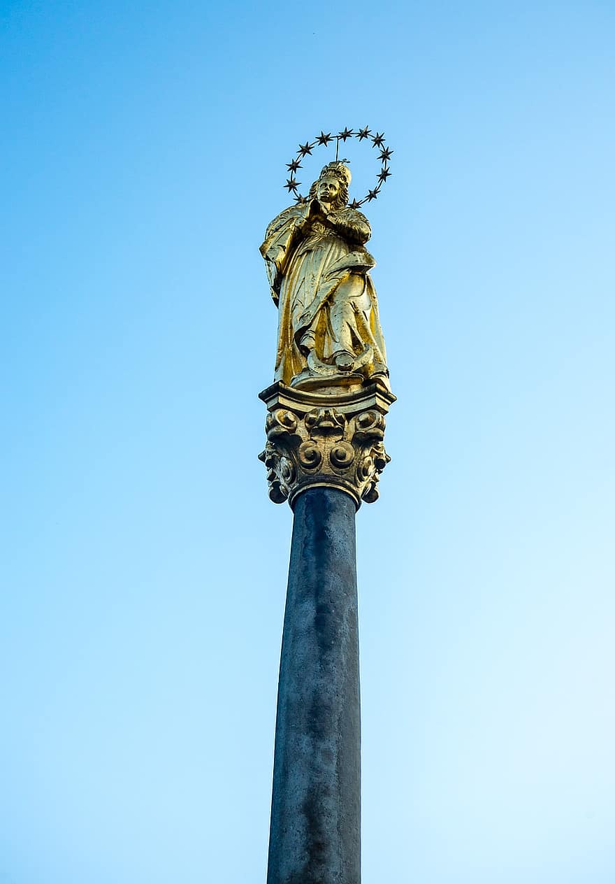 像、彫刻、記念碑、聖母マリア、マリア、柱、マリエンの柱、ゴールド、バロック、建築、信じる