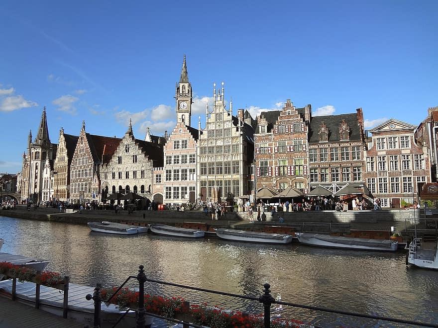 řeka, lodí, přístav, budov, Belgie, Flandry, město, starý, slavné místo, architektura, kanál