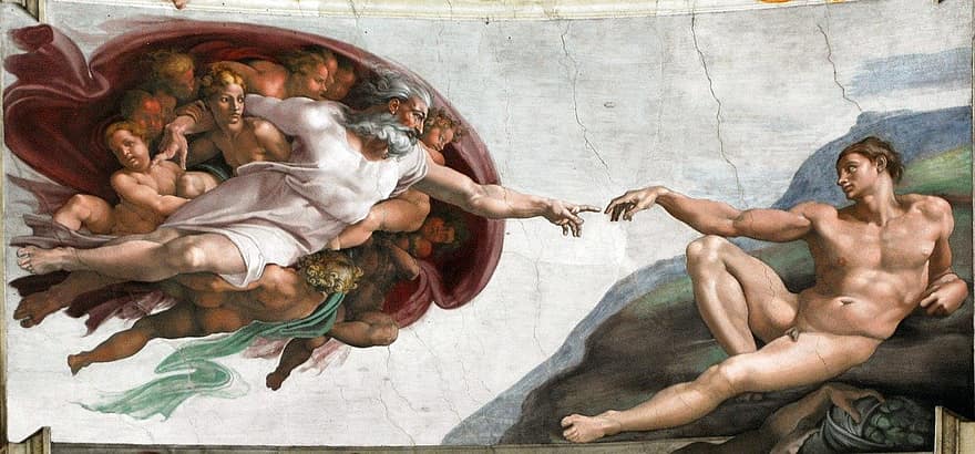 ihmisen luominen, Jumalan sormi, michelangelo, 1508-1512, Sikstuksen kappeli, enkelit, enkeli, käsissä, käsi, Luominen alaston mies ilman syntiä, Aatami