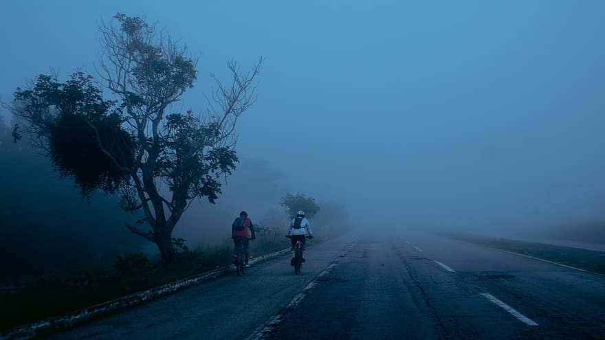 tåge, vej, tidlig morgen, morgenstemning, solopgang, landskab, herrer, silhuet, eventyr, cykling, rejse