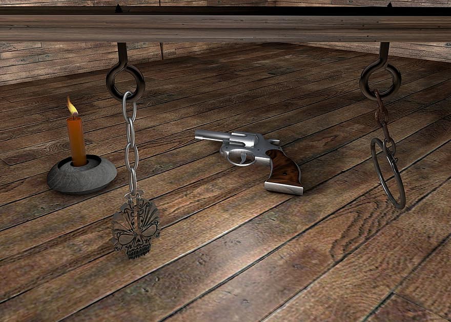 Revolver, Kette, Kerze, Holzboden, Holz, Hintergrund