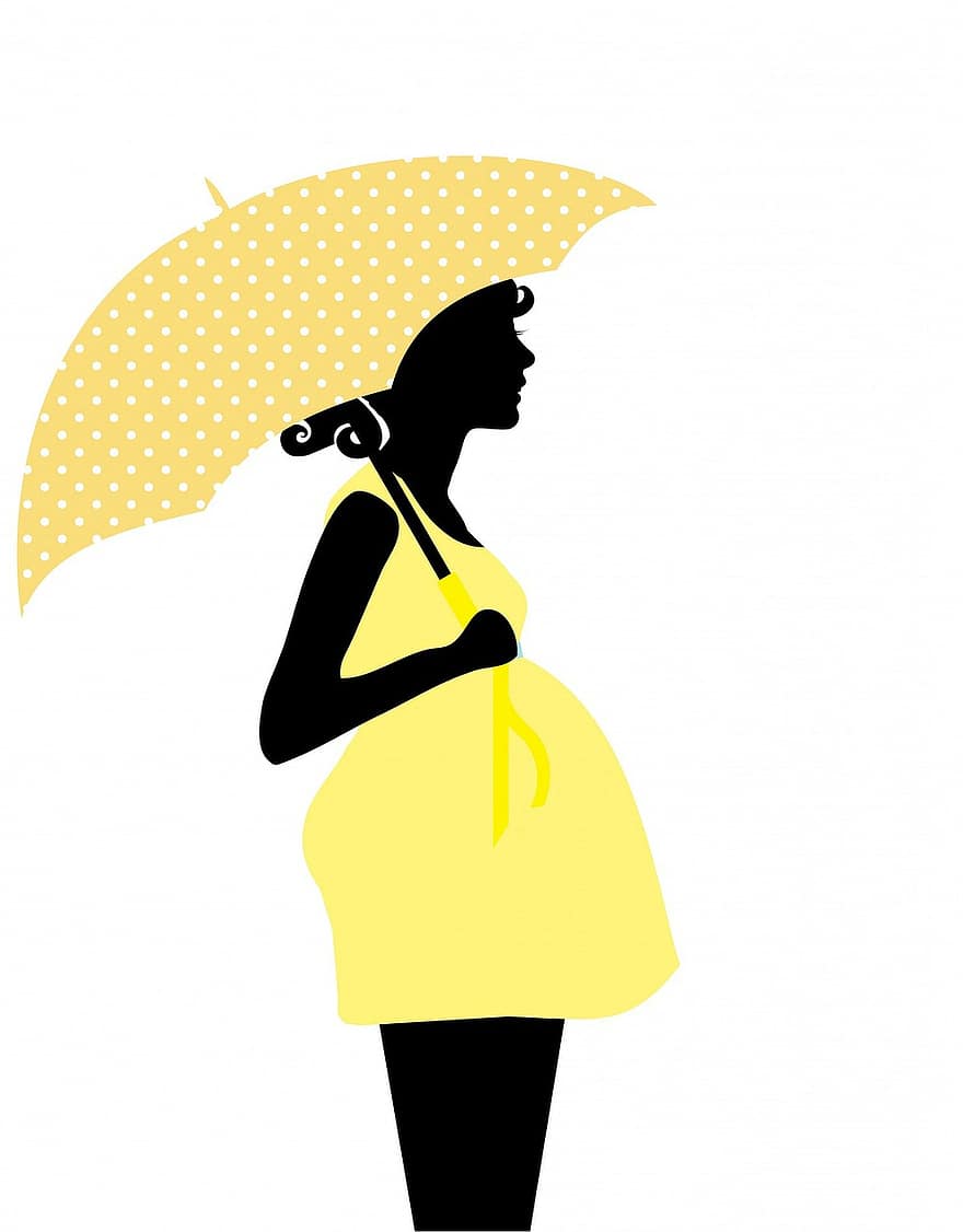 femeie, sarcină, Femeie, doamnă, gravidă, așteptându-, umbrelă, deținere, puncte polka, galben, negru