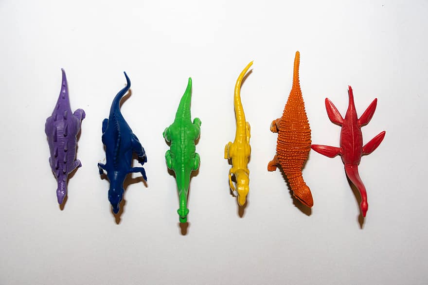 dinosaury, paleontologie, hračky dinosaury, Miniaturní dinosauři, Barevní dinosauři, vícebarevné, hračka, žlutá, barvy, modrý, zelená barva