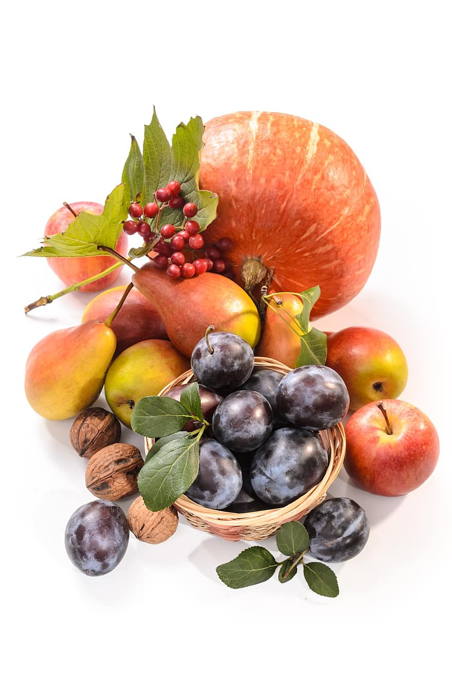 φρούτα, φρέσκα φρούτα, ώριμα φρούτα, δαμάσκηνα, αχλάδια, μήλα, κολοκύθι