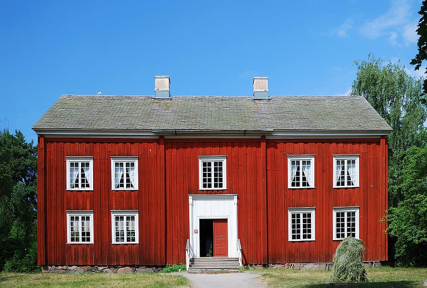 σπίτι, Κτίριο, αρχοντικό, ξύλο, ξύλινος, παράθυρα, πρόσοψη, είσοδος, δέντρα, Σουηδικά, skansen