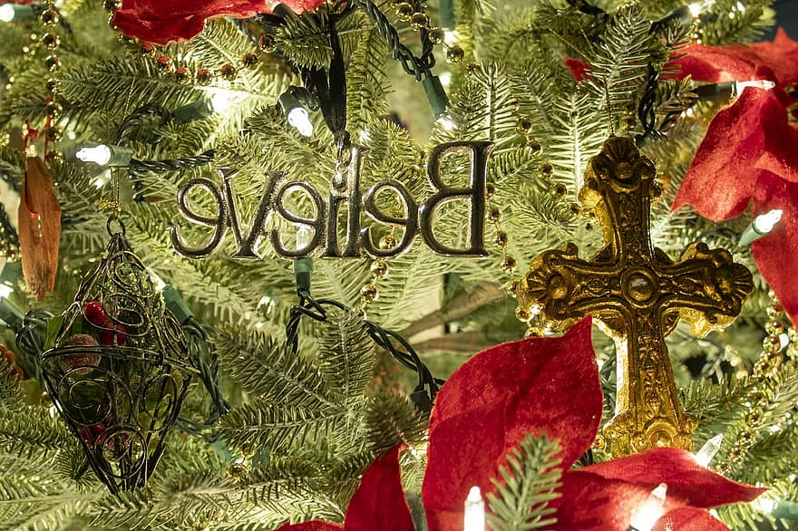 Boże Narodzenie, ozdoby, drzewko świąteczne, krzyż, uwierzyć, Zielony, czerwony