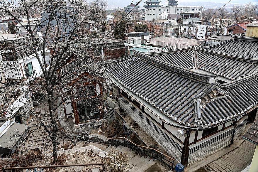 Bukchon hanok aldeia, cobertura, casas, aldeia, aldeia tradicional, casa tradicional, histórico, herança, turismo, hanok, Seul