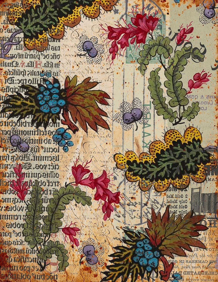 Flowers, Junk Journal, Scrapbook, Pattern, Leaves, Berries, Decoupage, Vintage, Craft, Background, Paper