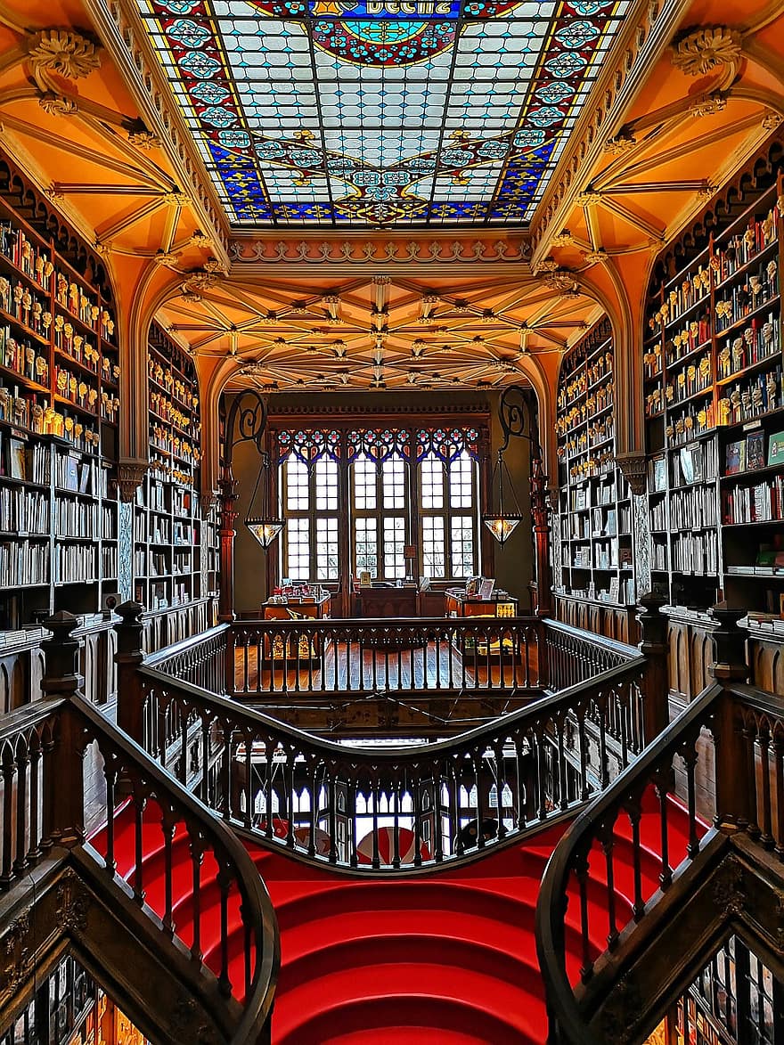 biblioteka, interjeras, laiptai, architektūra, viršutinė riba, knygų lentynos, knygynas, pastatas, knygos, senas, Senovinis