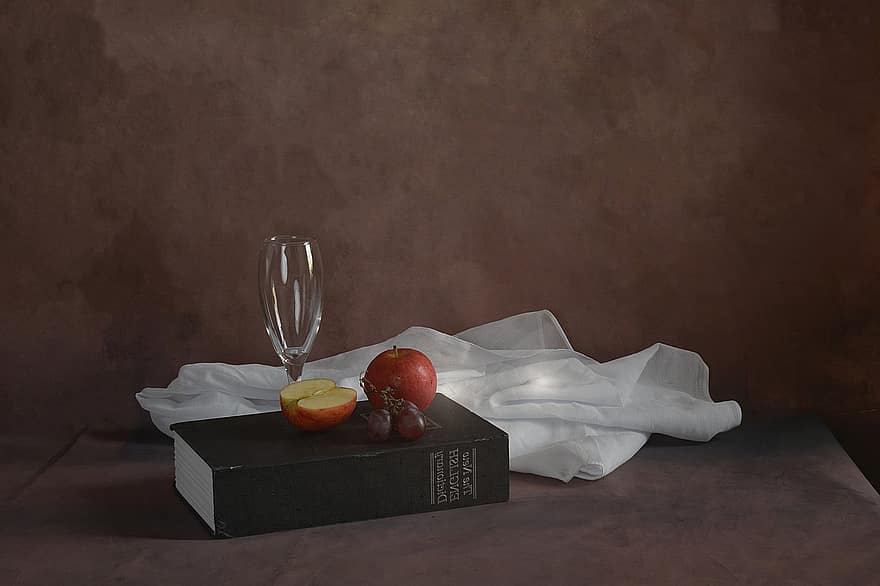 Book, Still Life, Apples, Wine Glass, Grapes, Table, Art