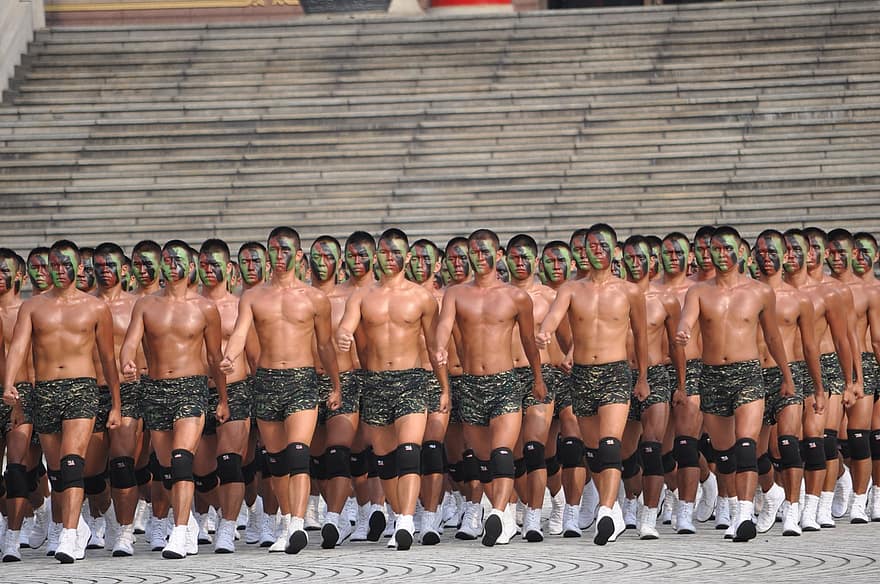 békaember, katona, tengerészgyalogság, Tajvan, Guojun, félmeztelen, álcázás, férfiak