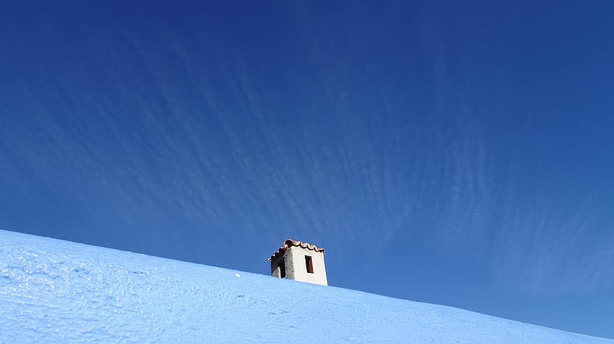 굴뚝, 파란 하늘, 구름, 하늘, 집, 푸른, 눈, 겨울, 경치, 건축물, 산