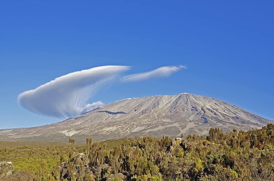 muntanyes, naturalesa, viatjar, exploració, a l'aire lliure, Kilimajaro, muntanya, paisatge, blau, cim de muntanya, núvol
