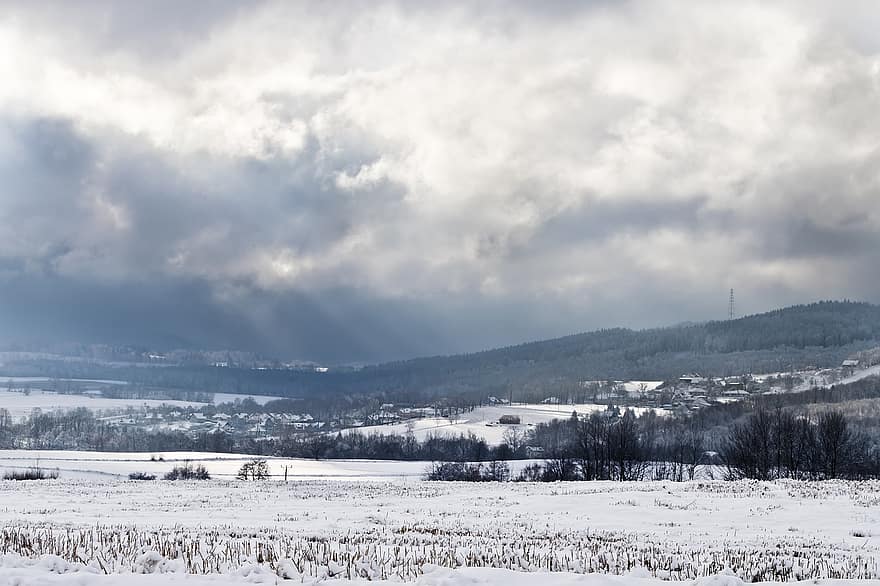 mùa đông, tuyết, cánh đồng, nông thôn, làng, bầu trời, phong cảnh
