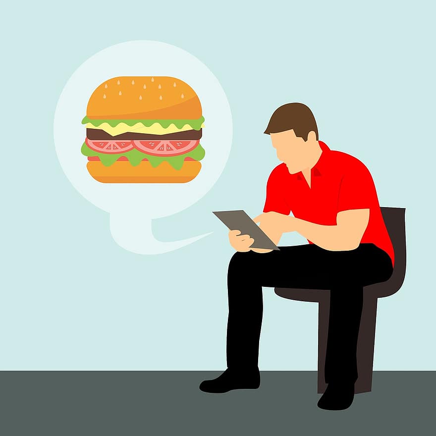 Restauranter på nett, burger, spise, Bestille mat, leveransetjeneste, bla, mat, hamburger, rask, lunsj, spiser