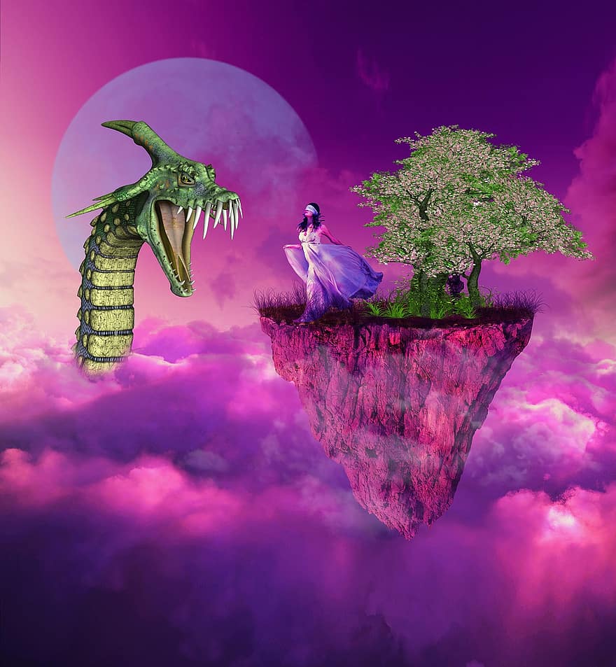 женщина, змея, дерево, облако, фантастика, сюрреалистичный, Луна, слепой сложенный, плавающий остров, Дракон, женский пол