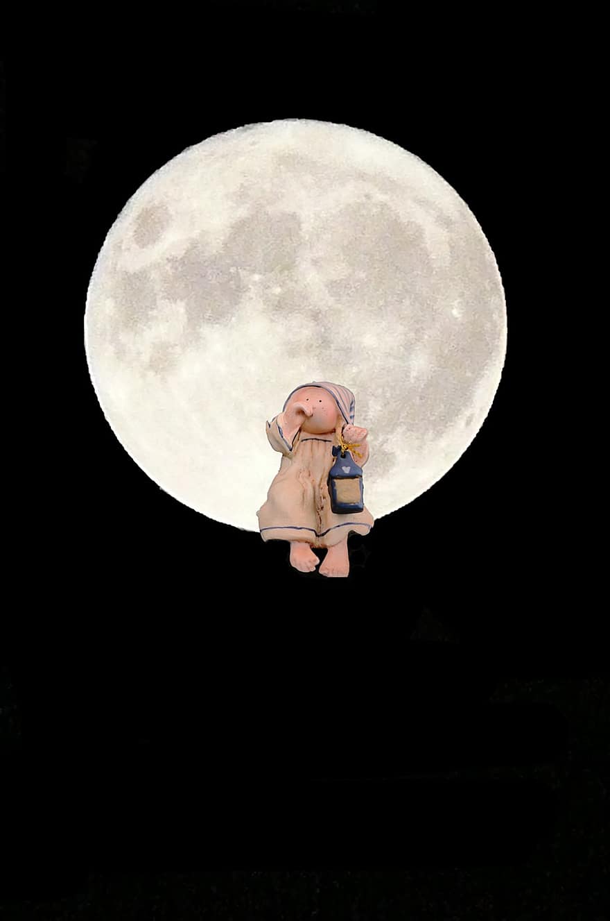 pleine lune, poupée, rêver, lune, ciel, fille, nuit, clair de lune, ciel de nuit, foncé, fantaisie