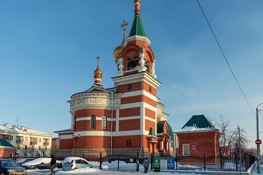 arkkitehtuuri, uskomus, sininen, tiili, rakennus, rakennuksen ulkoa, rakennettu rakenne, iso alkukirjain, Chelyabinsk, kristinusko, kirkko