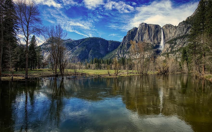 Yosemite, tó, hegyek, Nemzeti Park, tájkép, vízesés, természet, Kalifornia, cél, Látvány