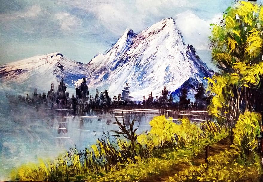 munţi, lac, pictura in ulei, natură, zăpadă, pădure, copaci, apă, desen