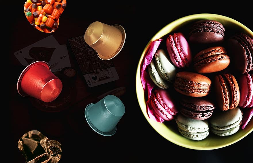macaron, cukorka, desszert, édes, csemege, falatozás, asztal, felület, színes